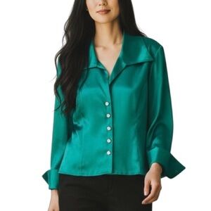 Peck & Peck Emerald Green Taffeta Top w/ Rhinestone Buttons and Cuffs - Size 12